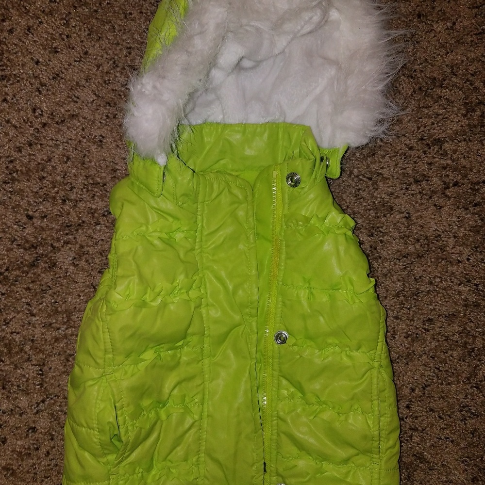 Lime green vest with hood with faux fur